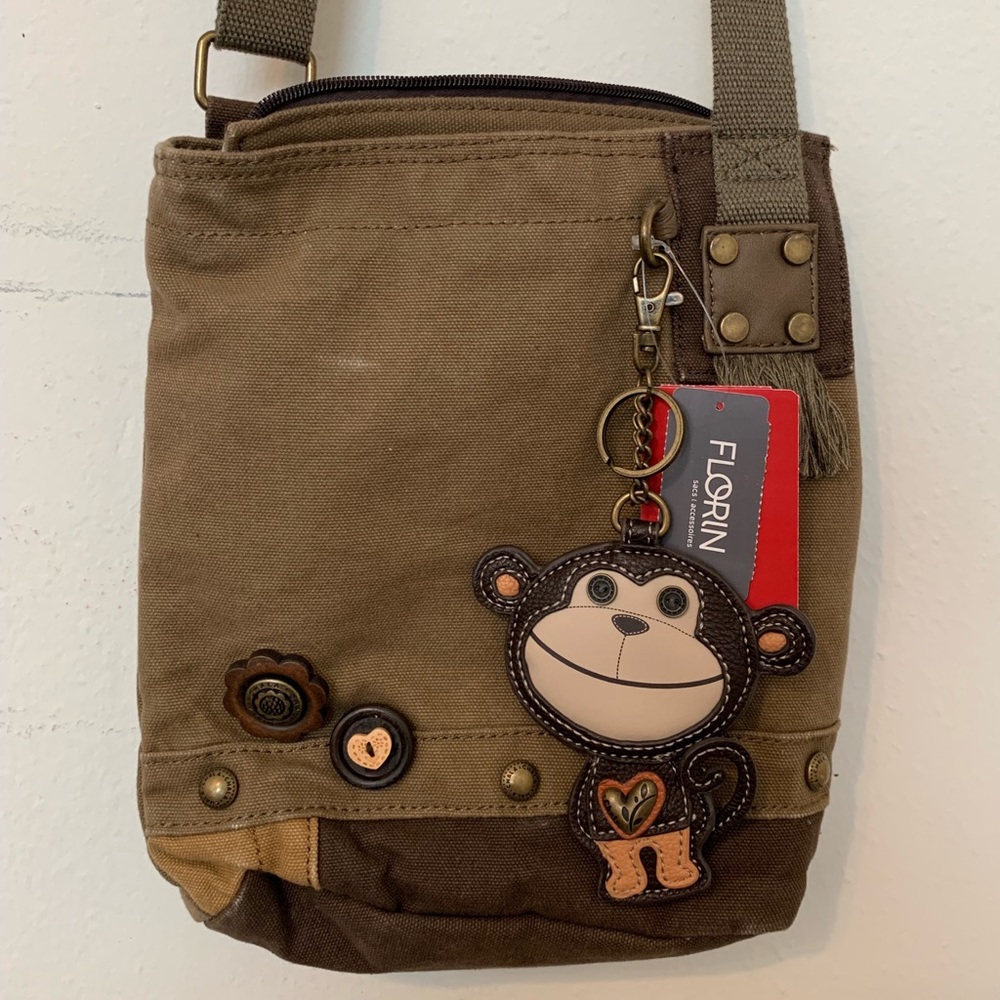 CHALA brown crossbody purse with cute monkey keychain